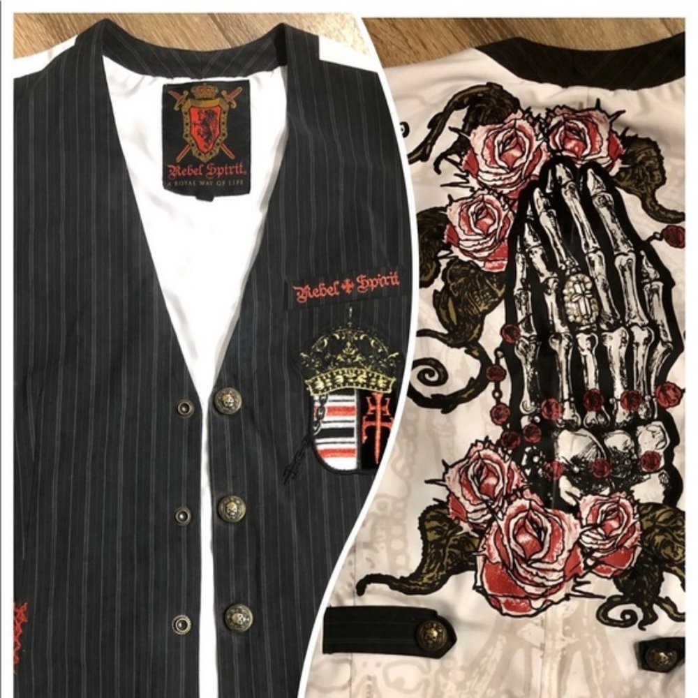 Rebel Spirit Skull Embellished Pinstriped Vest